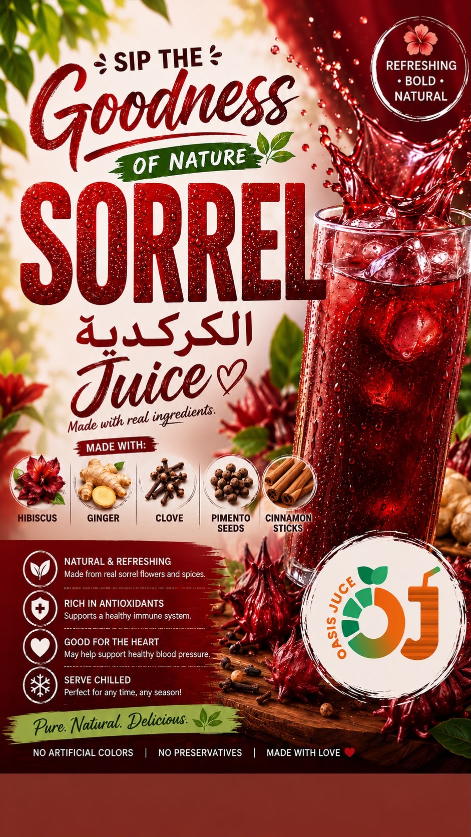 Sorrel juice with hibiscus, ginger, clove and cinnamon